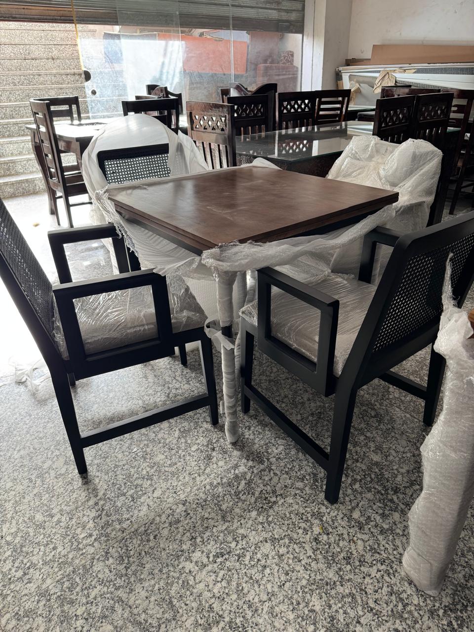 Modern Black Wood Dining Table Set with Cane Chairs (6-Piece)