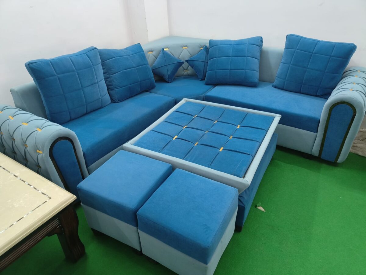 Modern Dual-Tone Blue L-Shape Sofa Set with Tufted Cushions