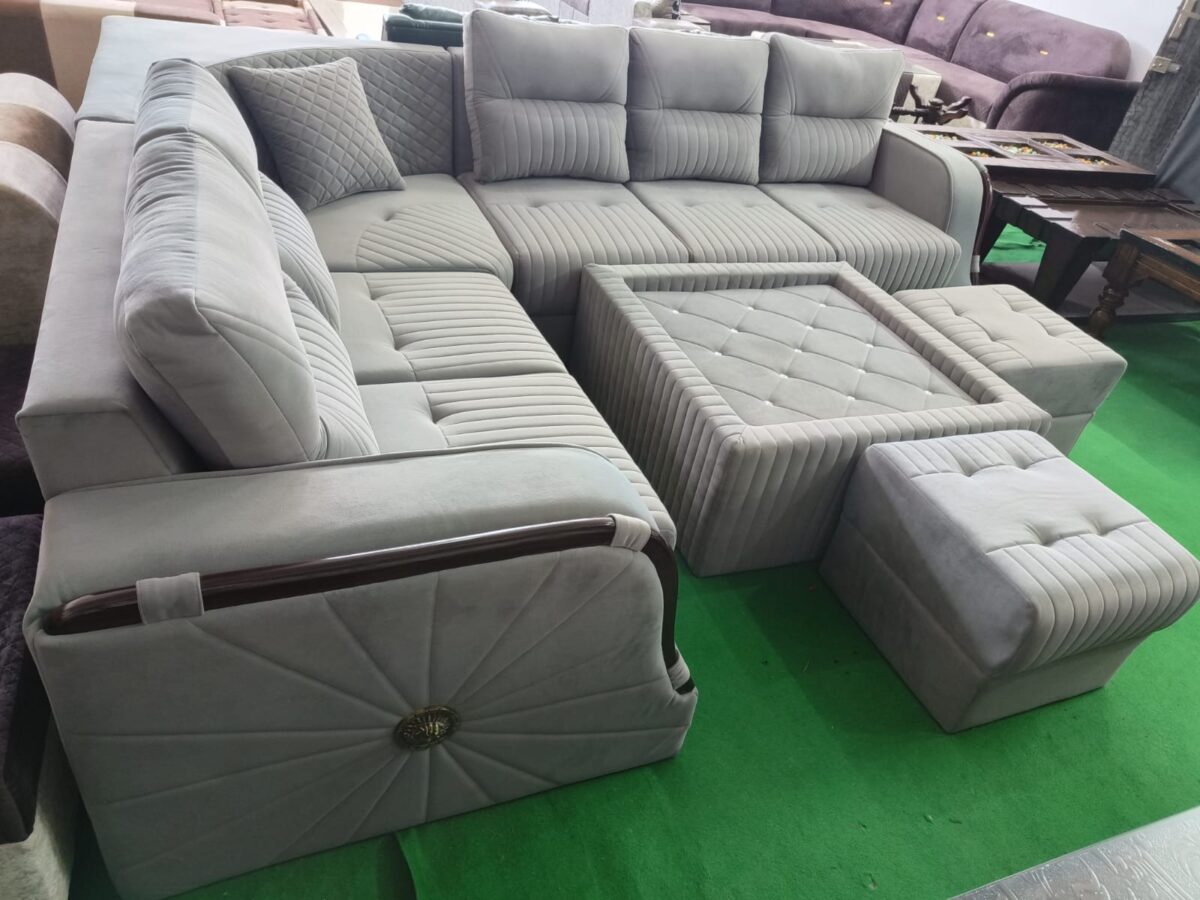 Elegant Grey Velvet L-Shape Sofa Set with Side Arm Detailing