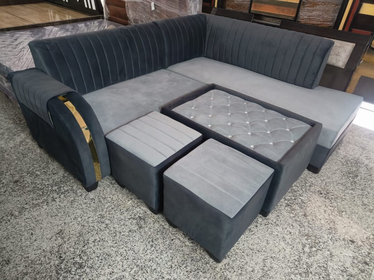 Charcoal Grey L-Shape Sofa Set with Gold Accent Armrest