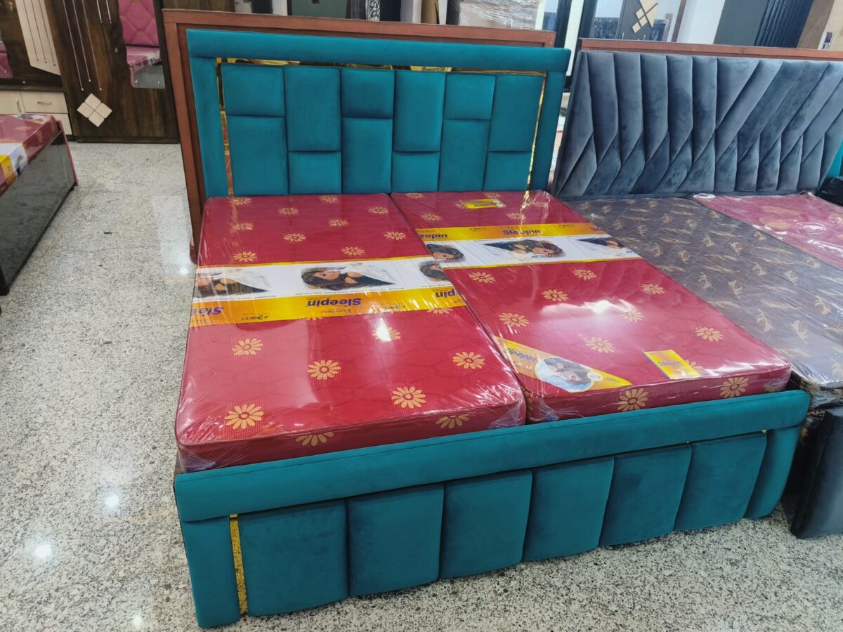 Modern Teal Upholstered King Size Bed with Padded Headboard